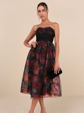 Lulus Splendidly Yours Black Floral Organza Mesh Strapless Midi Dress - Size XL